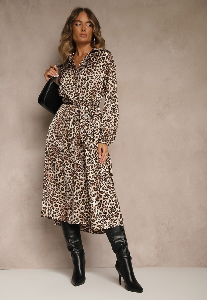 Brązowa Koszulowa Sukienka w Panterkę z Wiązanym Paskiem Ramalli