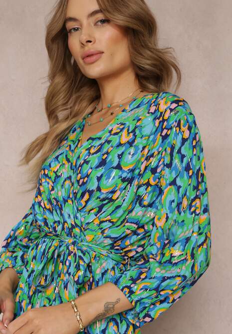 Zielona Kopertowa Sukienka Midi z Wiązanym Paskiem i Metaliczną Nitką Armellia