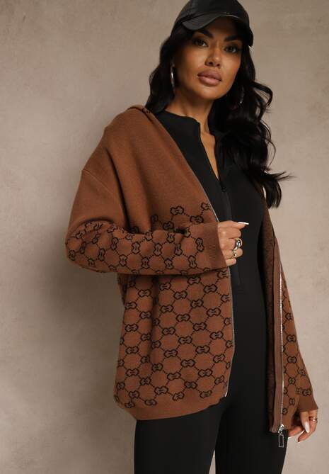 Brązowy Rozpinany Kardigan z Kapturem z Geometrycznym Wzorem Neratusa