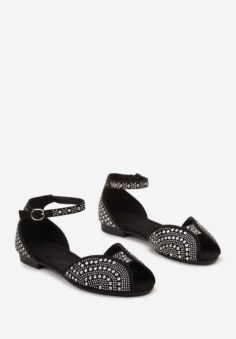 Czarne Błyszczące Sandały z Kryształkami na Płaskiej Podeszwie ze Sprzączką Japona