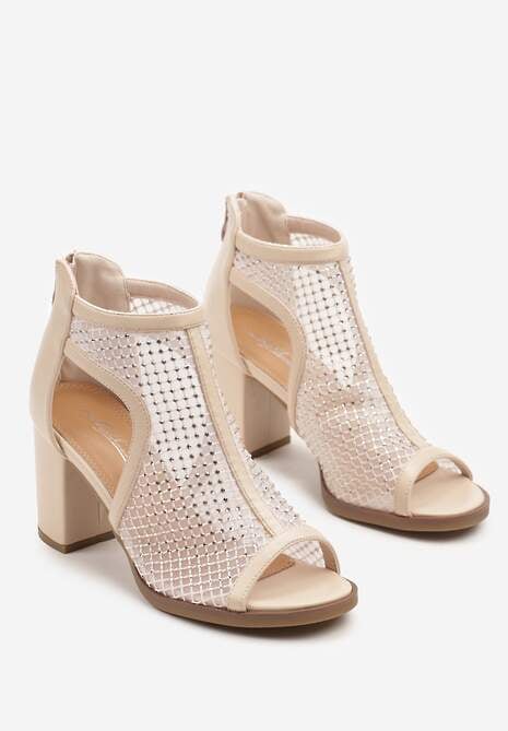 Beżowe Siateczkowe Sandały Stylizowane na Botki na Obcasie z Cyrkoniami Senarila
