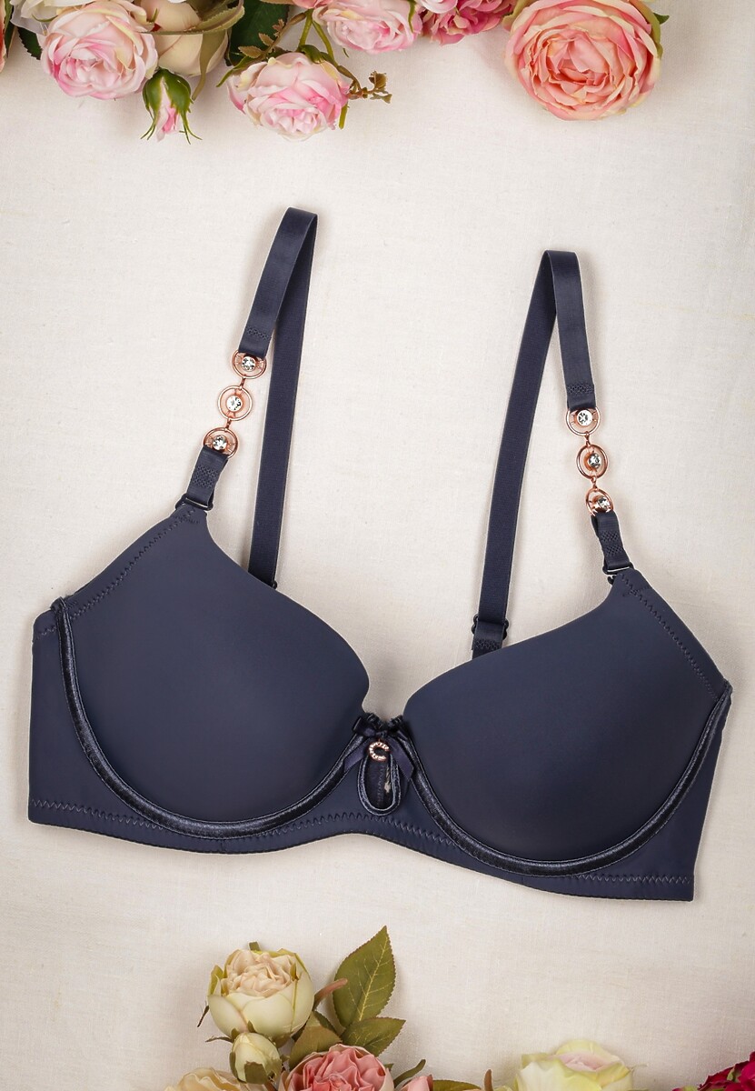 Granatowy Biustonosz Full Cup z Metalowymi Ozdobami Fivie