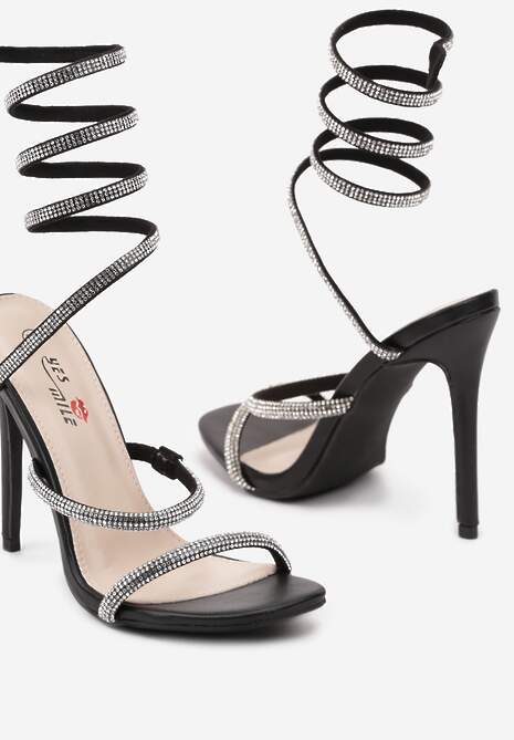 Czarne Wsuwane Sandały na Szpilce z Paskami Wokół Kostki z Cyrkoniami Jallisa