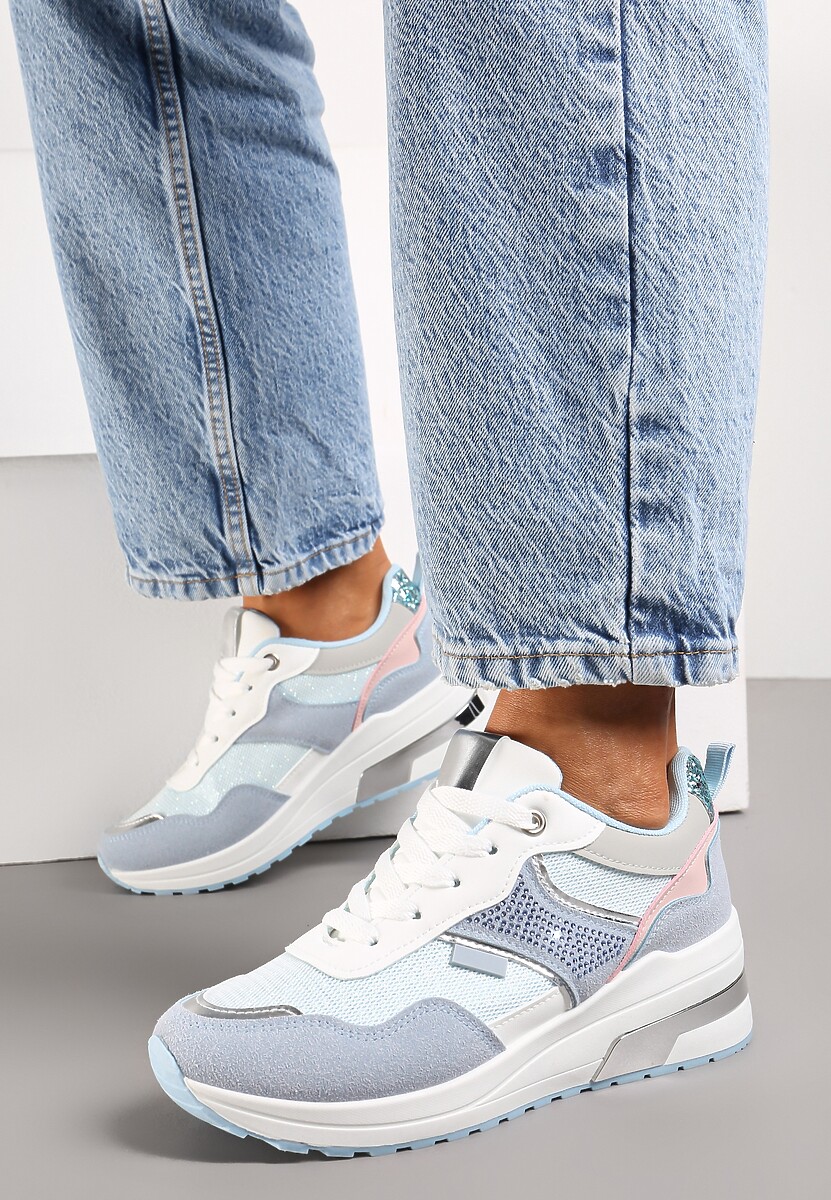 Niebieskie Sneakersy z Brokatem Cyrkoniami i Metalicznymi Wstawkami Zephramis