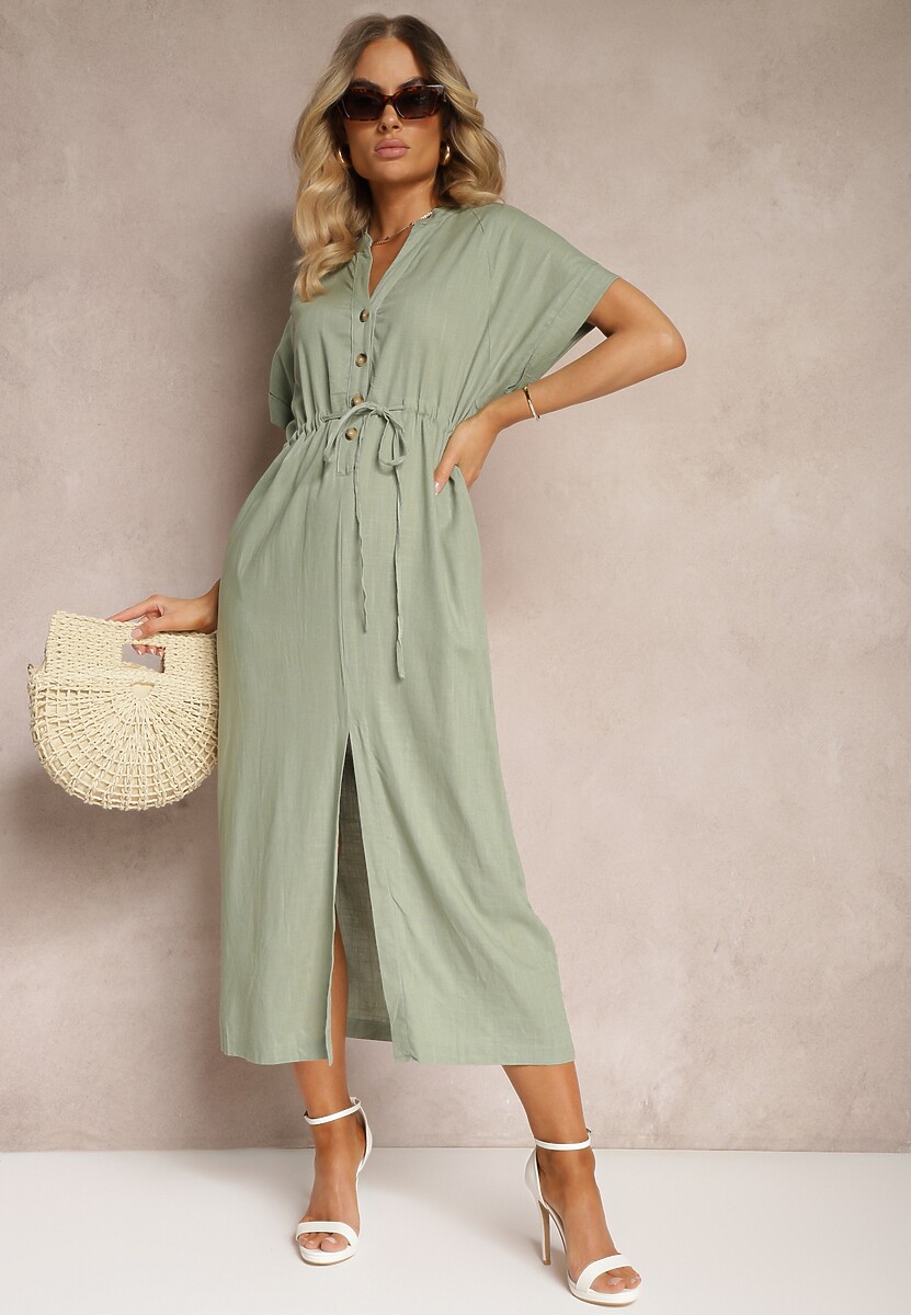 Ciemnozielona Sukienka z Bawełny z Górą o Koszulowym Kroju Ściągana w Pasie Viklia