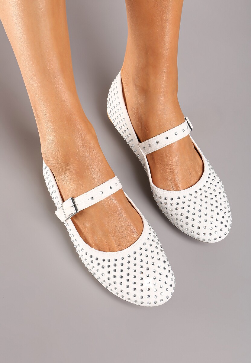 Białe Balerinki na Płaskiej Podeszwie w Stylu Mary Jane z Cyrkoniami i Ozdobnym Paskiem Ivilra