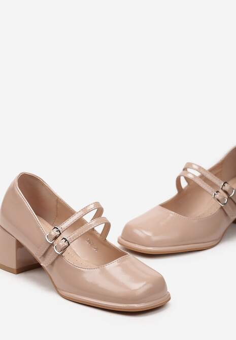 Beżowe Czółenka z Lakierowanej Ekoskóry na Słupku ze Sprzączkami Danida