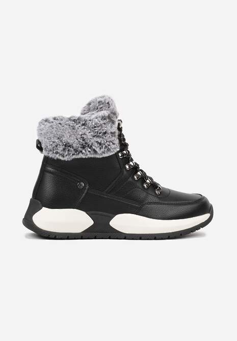 Czarne Trapery Ocieplone i Ozdobione Pluszowym Futerkiem Zenela