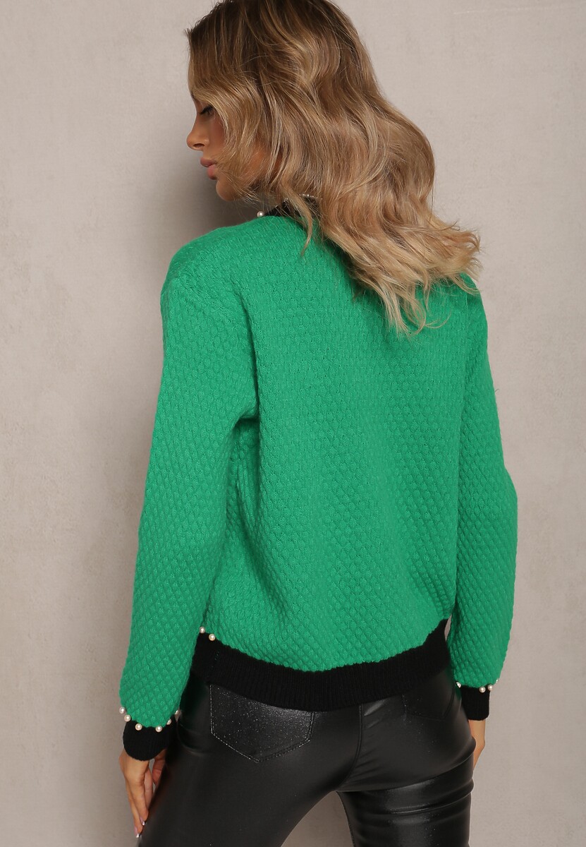 Zielony Kardigan z Wiskozy o Klasycznym Fasonie z Perłami i Kwiatami Kallu