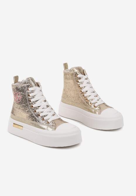 Złote Trampki na Platformie z Wysoką Cholewką Ozdobione Haftem Fonaril