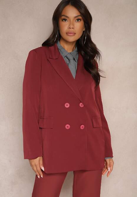 Bordowa Dwurzędowa Marynarka na Guziki z Poduszkami w Ramionach Elennia