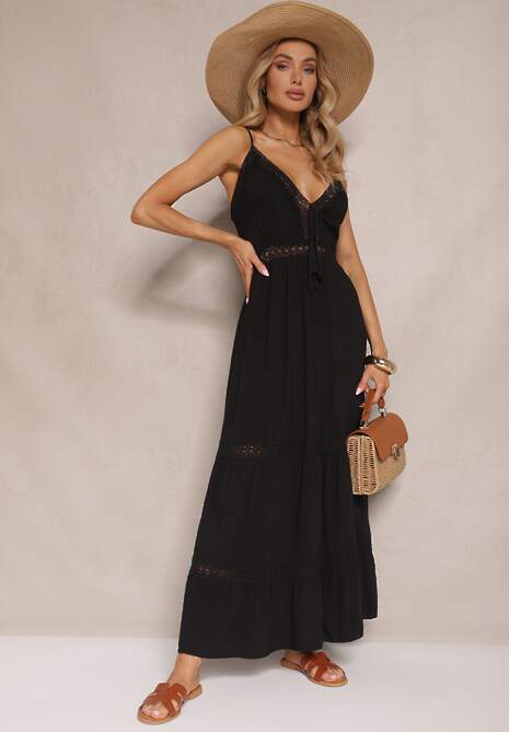 Czarna Sukienka z Bawełny o Rozkloszowanym Kroju na Ramiączkach Killifia
