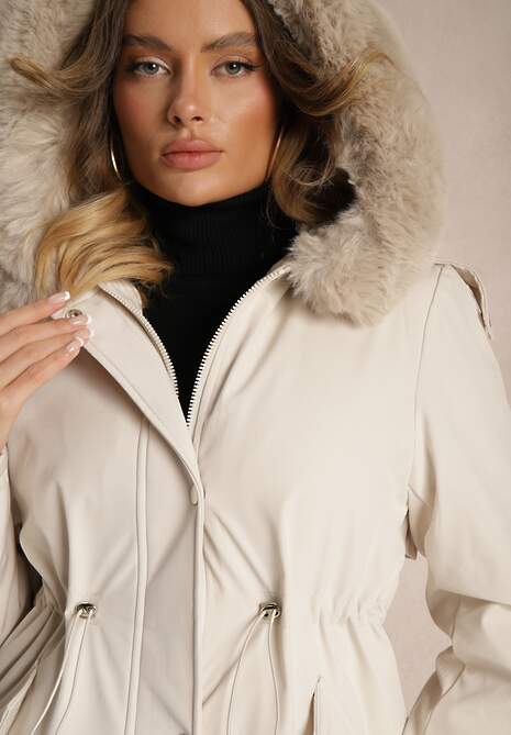 Jasnobeżowa Długa Kurtka o Fasonie Parki z Futerkiem Edelais