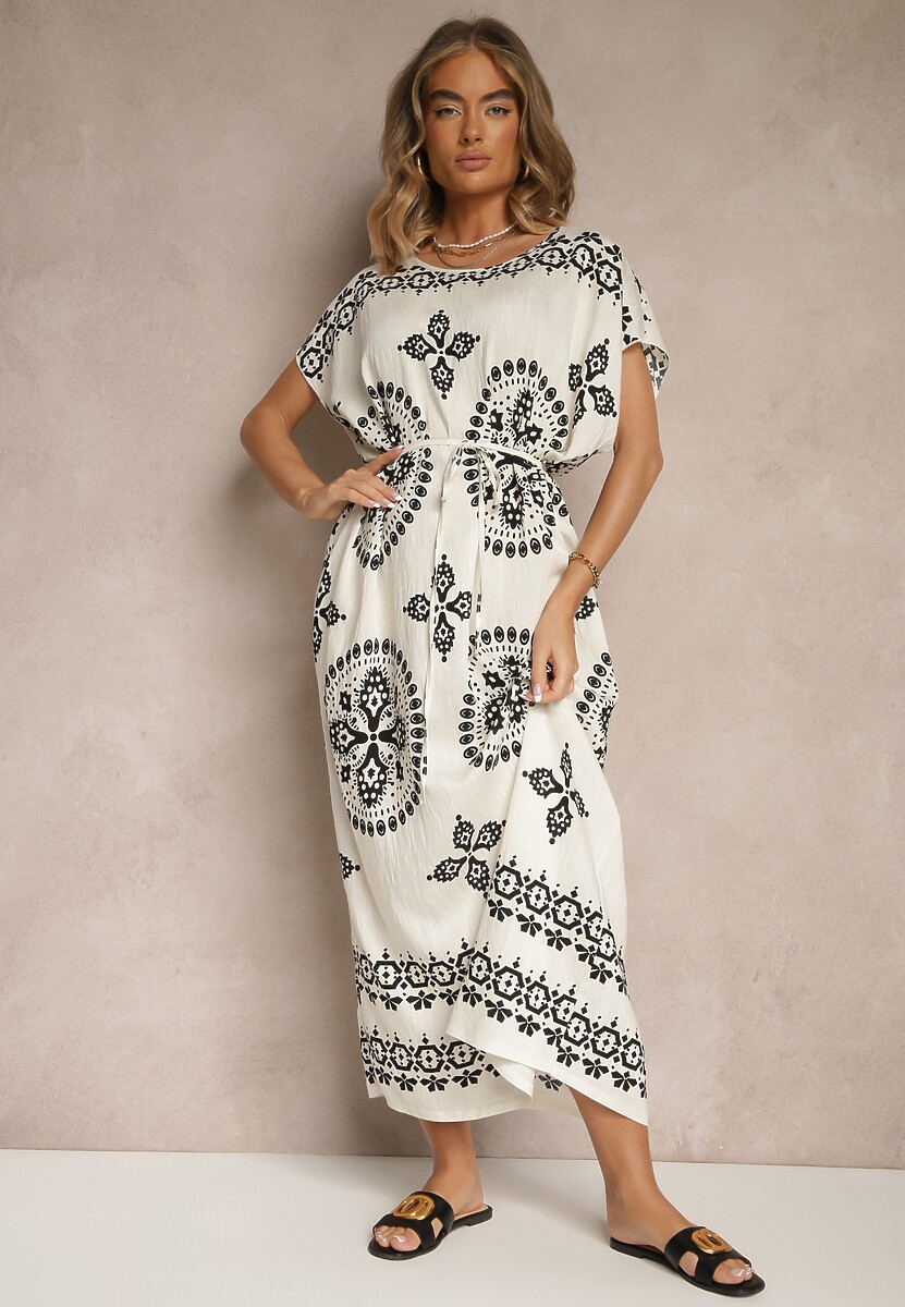 Biała Pudełkowa Sukienka z Wiskozy Zdobiona Wiązaniem i Etnicznym Printem Mirasella