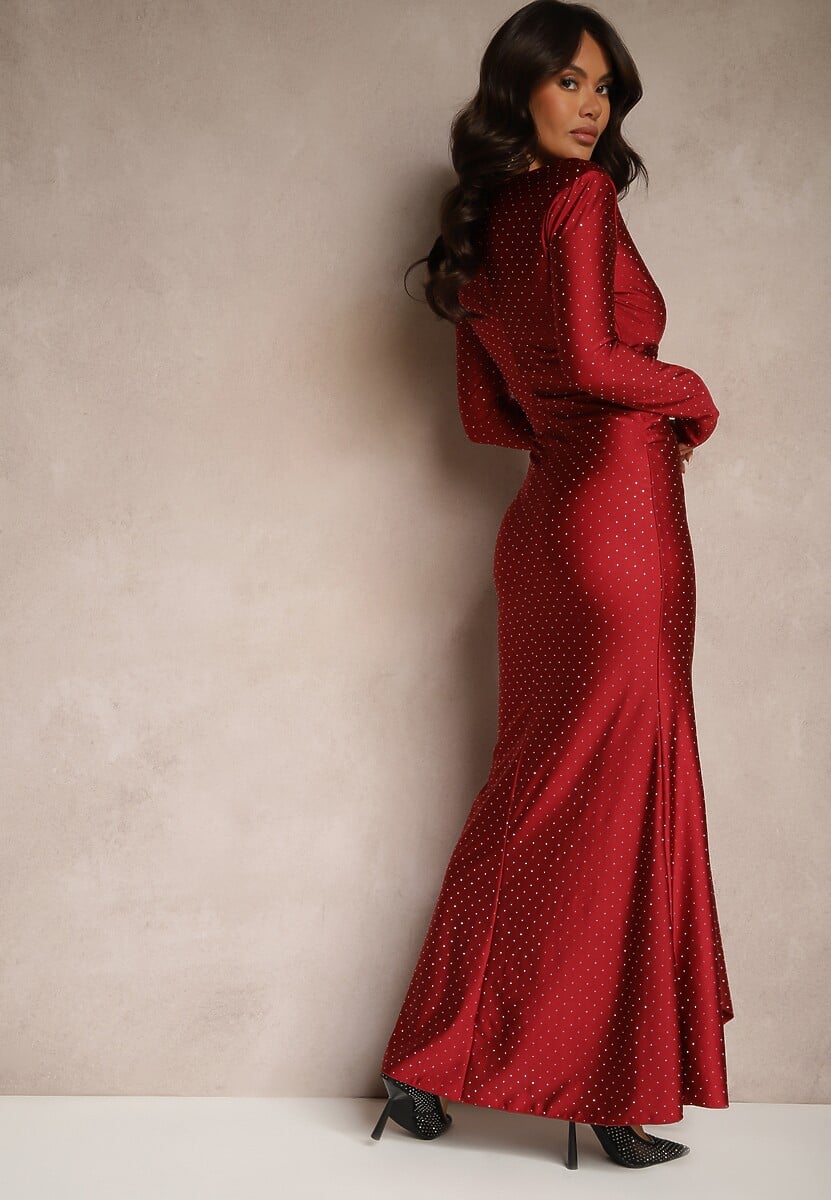 Bordowa Dopasowana Sukienka Koktajlowa Marszczona w Pasie Zdobiona Cyrkoniami Rissanea