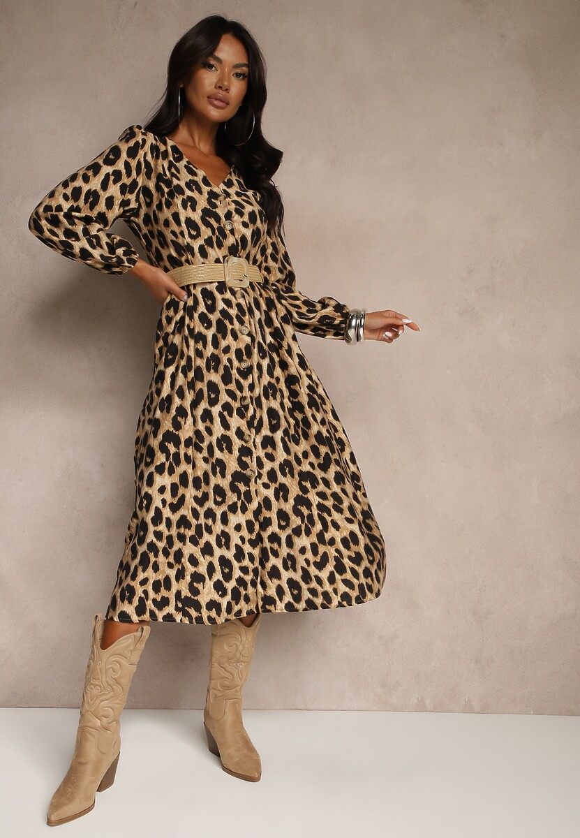 Brązowa Panterkowa Sukienka z Wiskozą o Rozkloszowanym Kroju z Paskiem Meliri