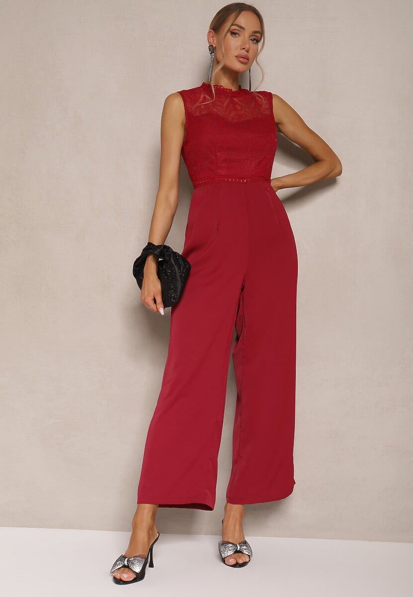 Bordowy Kombinezon z Szeroką Nogawką Zdobiony Siateczkowymi Wstawkami Naliena