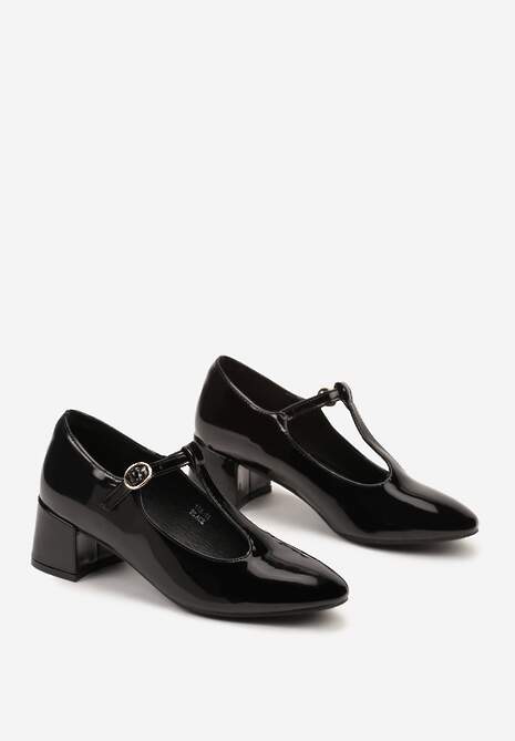 Czarne Czółenka Lakierowane na Słupku Wykończone Sprzączką Velarise