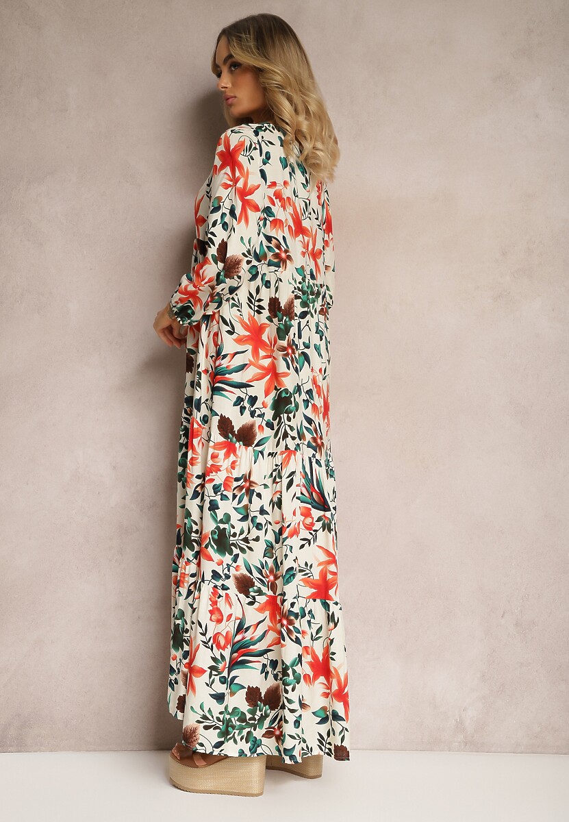 Beżowo-Zielona  Rozkloszowana Sukienka z Wiskozy z Falbanką Orinesa