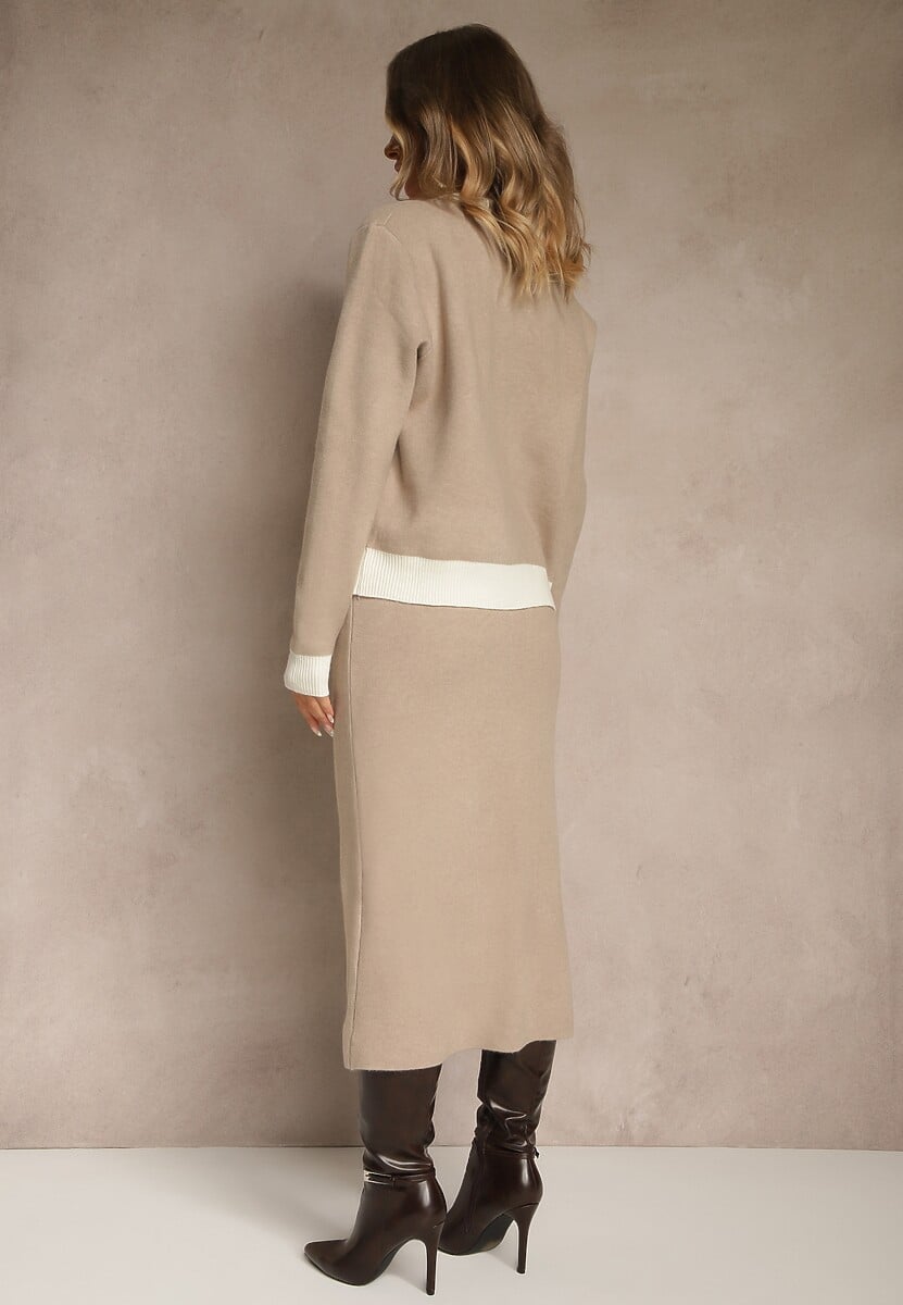 Beżowy Sweterkowy Komplet z Dzianiny z Bawełną Kardigan i Spódnica Derrive