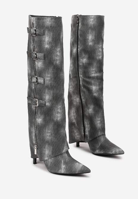 Czarne Kozaki Jeansowe na Szpilce z Klamrami na Wywiniętej Cholewce Riaviraen