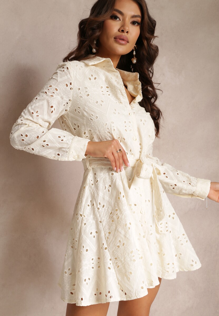 Beżowa Koszulowa Sukienka Ażurowa z Wiązanym Paskiem Faeyela