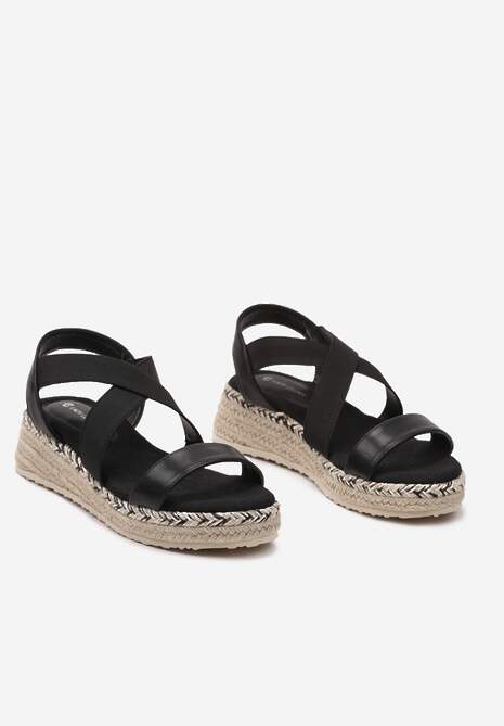 Czarne Wsuwane Sandały na Niskim Koturnie z Jutową Plecionką Xarneli