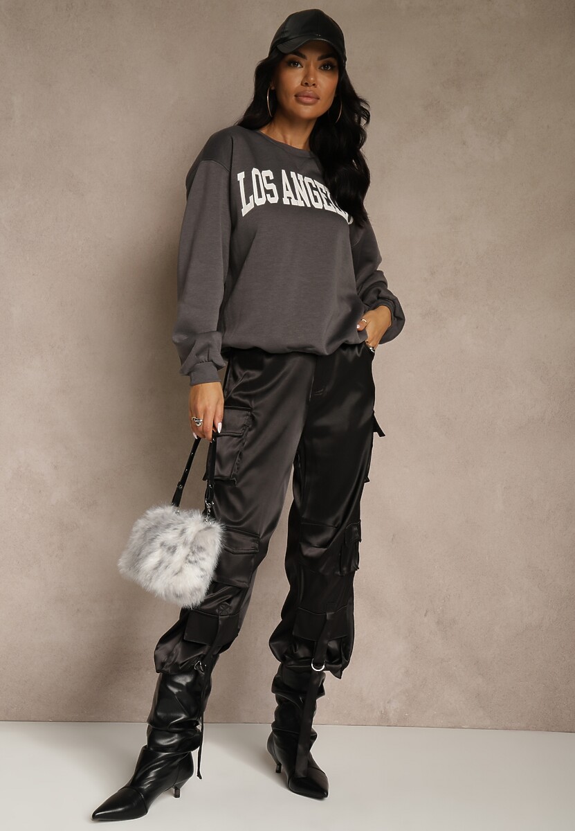 Szara Bluza z Bawełną Ozdobiona  Napisem Fezolda