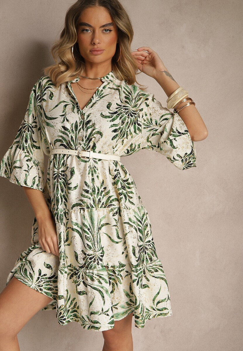 Zielono-Beżowa Sukienka z Lnem o Rozkloszowanym Kroju Zdobiona Metalicznym Nadrukiem Filinwena