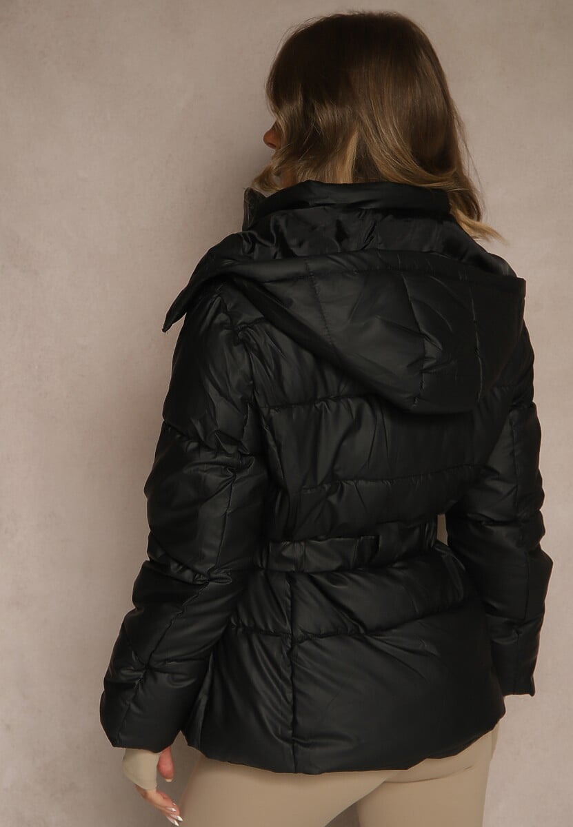 Czarna Kurtka Zimowa Y2K z Pikowaniem i Paskiem ze Sprzączką Cerrive