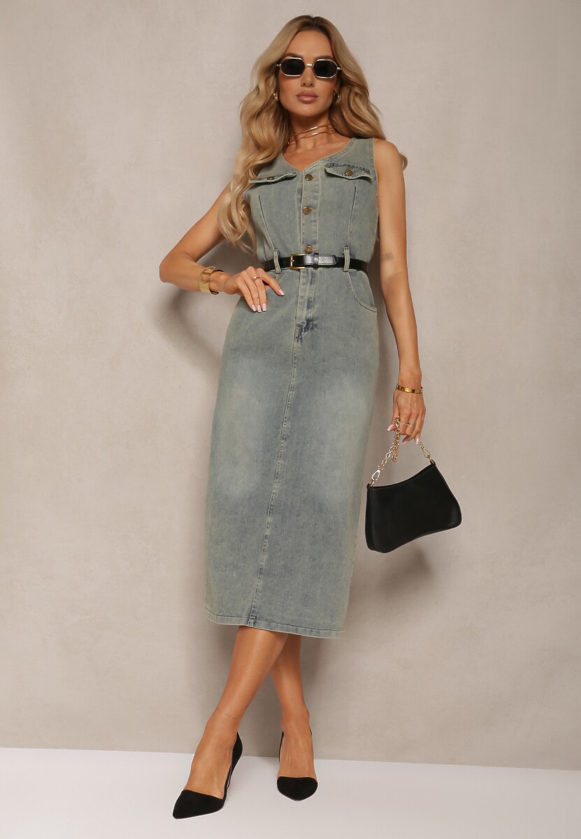 Jasnoniebieska Sukienka z Jeansu Bez Rękawów z Paskiem w Talii Iberia