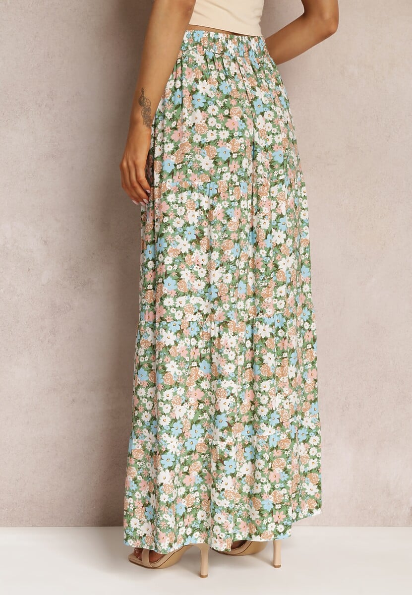 Zielona Bawełniana Spódnica Maxi z Troczkiem i Printem w Kwiaty Yibji