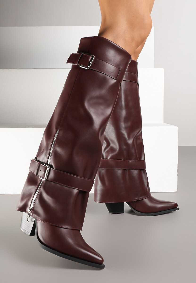 Brązowe Kozaki na Stożku z Cholewką Imitującą Nogawkę z Klamrami i Suwakiem Erseria