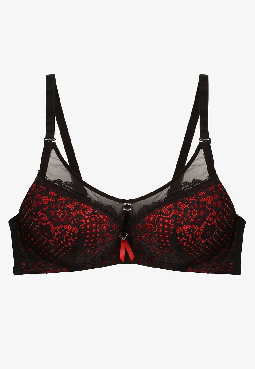 Czarno-Czerwony Biustonosz Push-Up z Koronki Ozdobiony Metalową Aplikacją Arissta