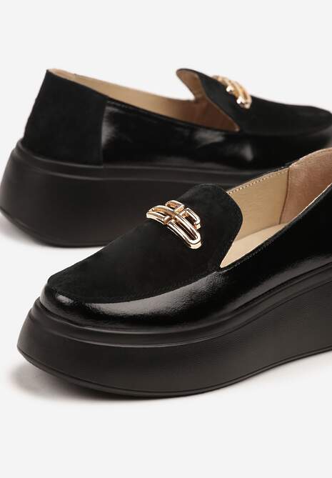 Czarne Półbuty na Platformie i Koturnie ze Skóry Naturalnej z Metaliczną Aplikacją Takaria