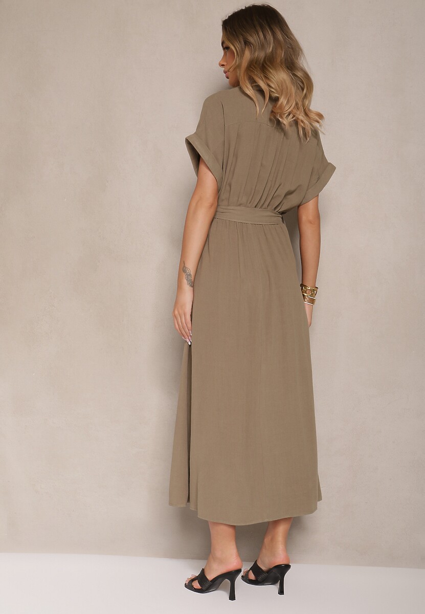 Ciemnozielona Sukienka z Wiskozy i Lnu o Koszulowym Kroju z Paskiem Efralissea