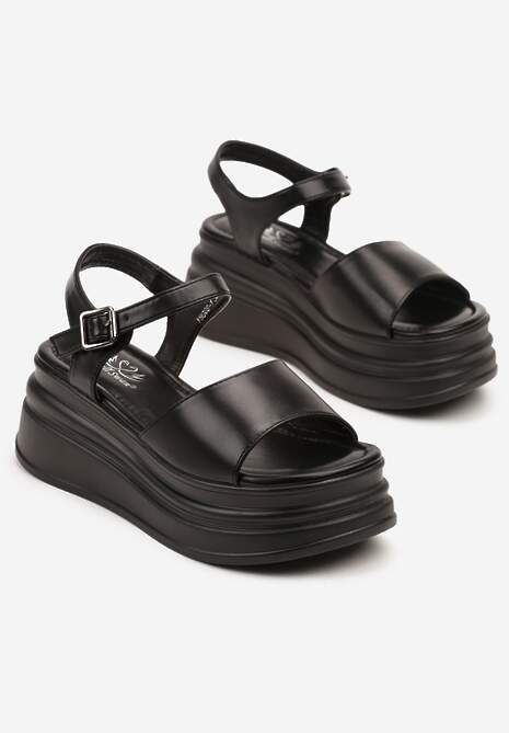 Czarne Casualowe Sandały na Platformie Zdobionej Tłoczeniami Nusavitia