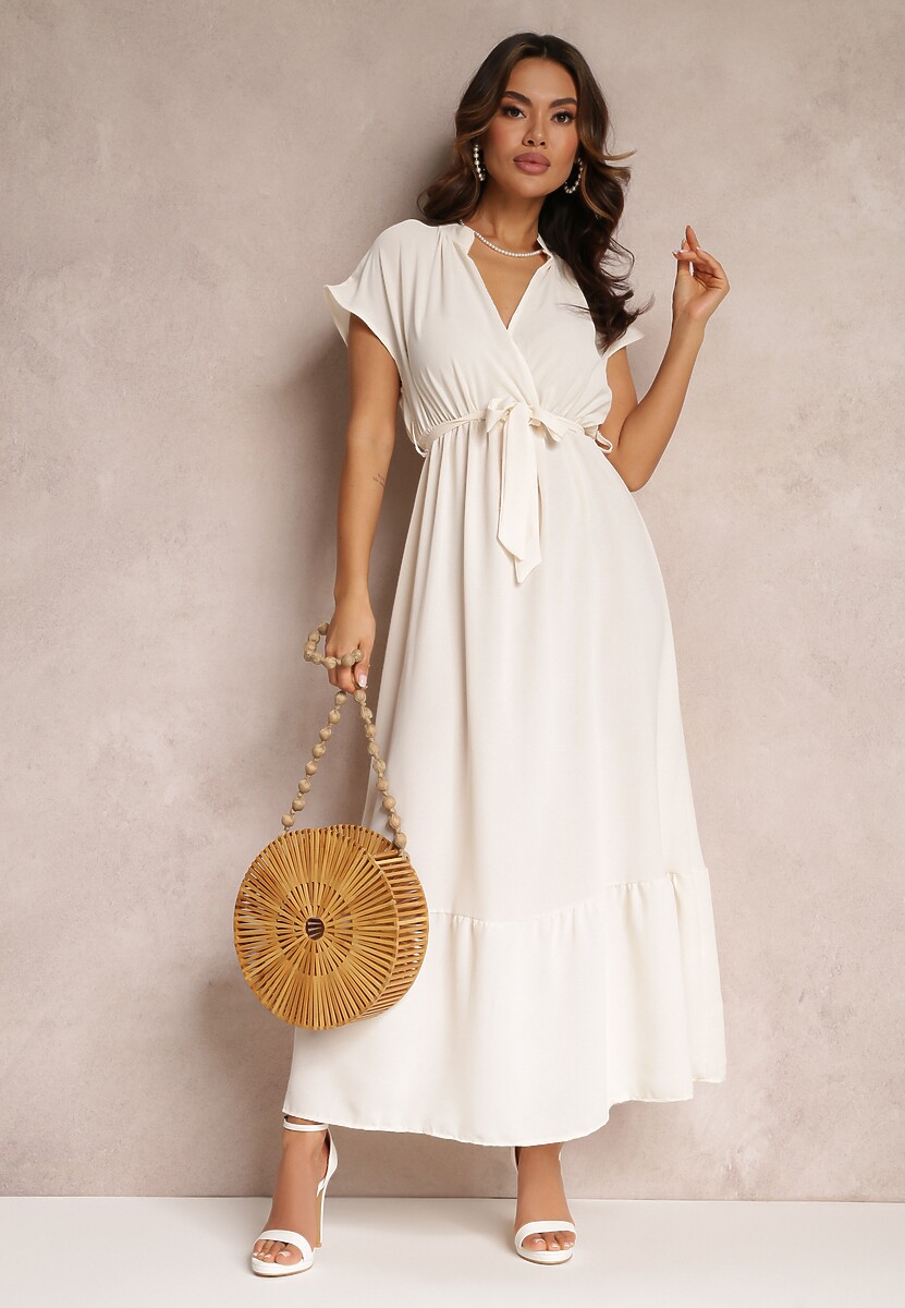 Beżowa Kopertowa Sukienka z Gumką w Talii i Wiązaniem Mylelse