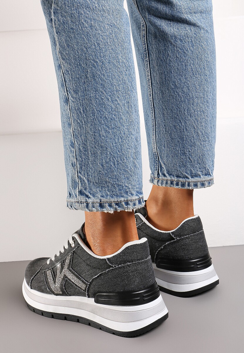 Czarne Sneakersy na Piankowej Platformie Ozdobione Cyrkoniami z Boku Epirvala