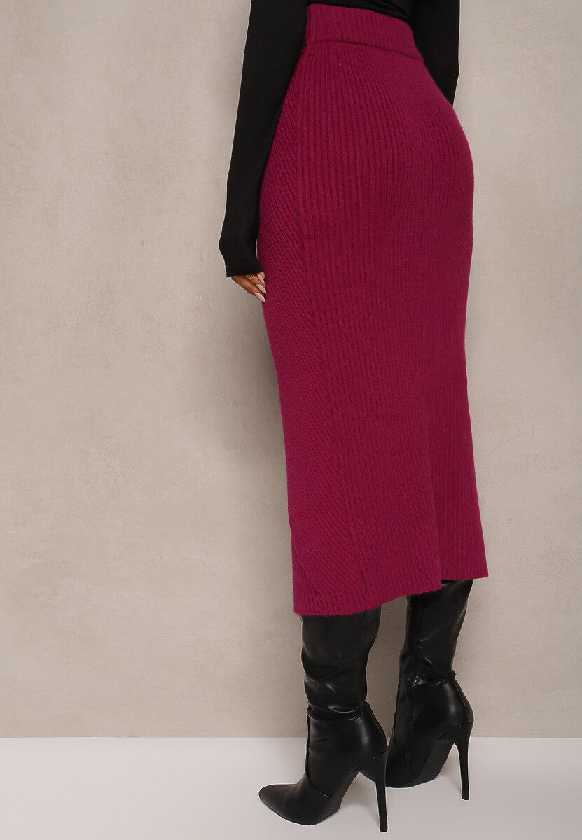 Ciemnoróżowa Spódnica z Wiskozą High Waist o Dopasowanym Kroju z  Gumką w Talii Niarosae