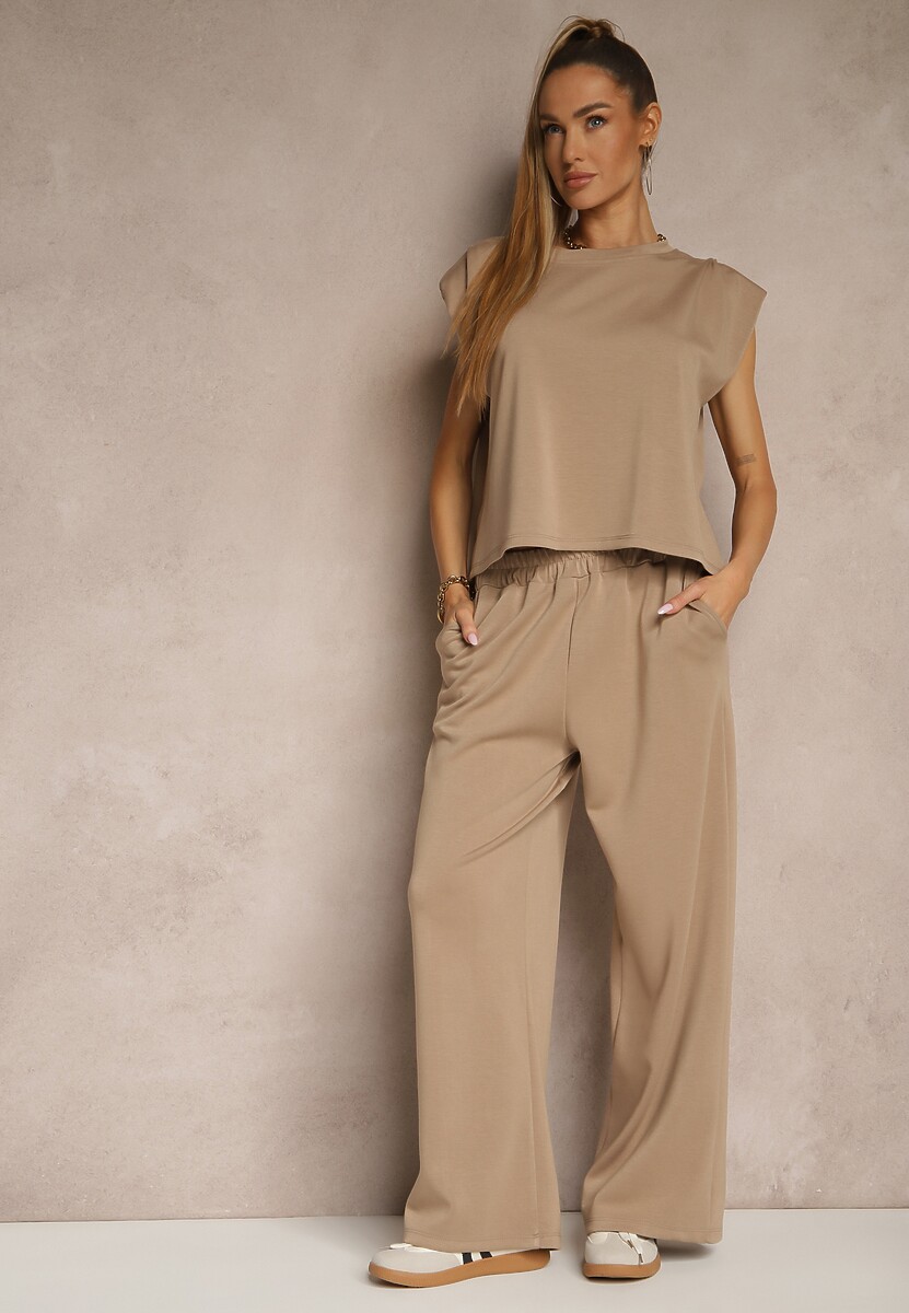 Beżowy Komplet z Wiskozą Szerokie Spodnie i Koszulka z Usztywnionymi Ramionami Neidra