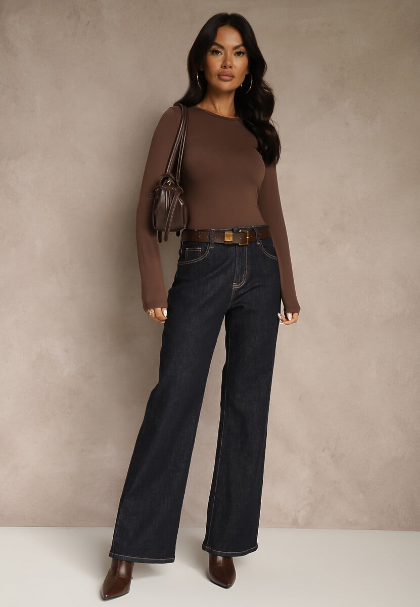 Brązowa Bluzka Longsleeve z Bawełny Avelfia