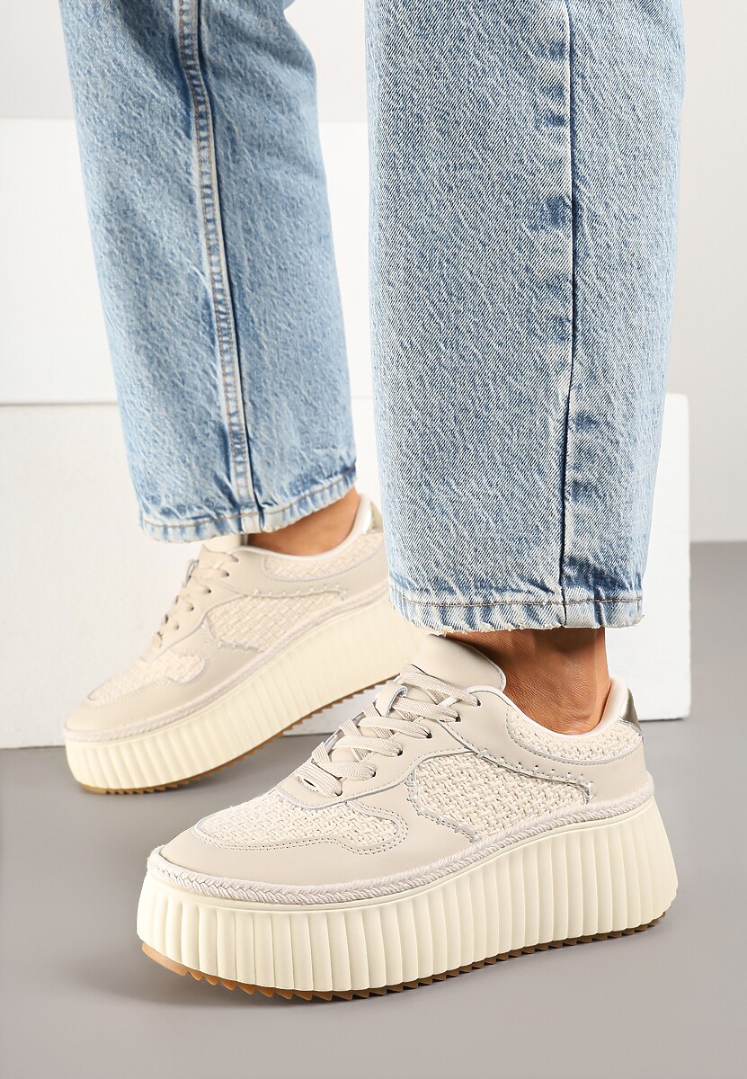 Beżowe Sneakersy ze Skóry Naturalnej na Tłoczonej Platformie Mirivin