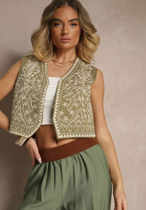 Ciemnozielona Kamizelka z Bawełny z Ozdobnym Haftem Worvanis