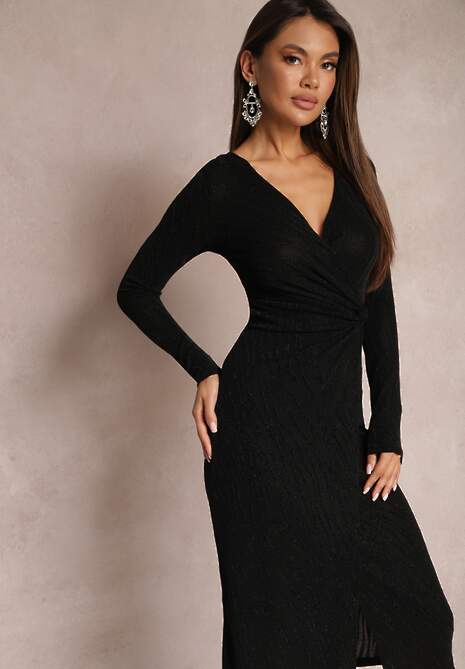 Czarna Połyskująca Sukienka Kopertowa Midi Zaola