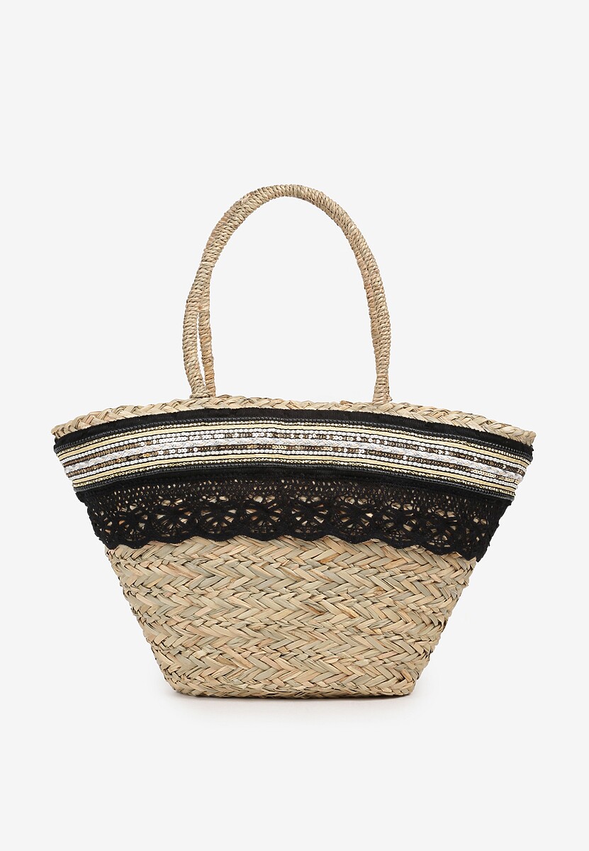 Czarno-Beżowa Torebka z Plecionki Ozdobiona Ażurowym Paskiem Belpia