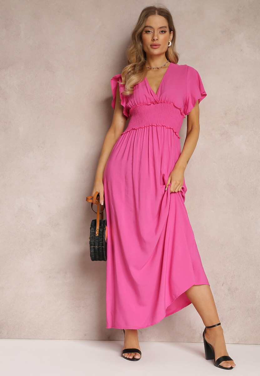 Fuksjowa Wiskozowa Sukienka z Kopertowym Dekoltem i Gumką w Pasie Shura