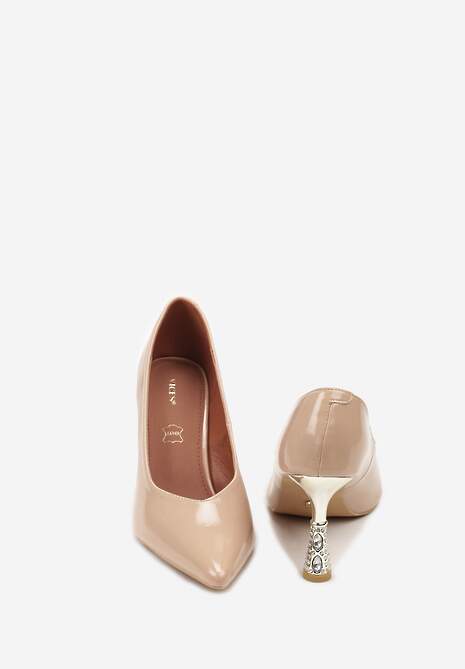 Ciemnobeżowe Lakierowane Szpilki Vices z Wkładką ze Skóry Naturalnej Zdobione Cyrkoniami Gioriana