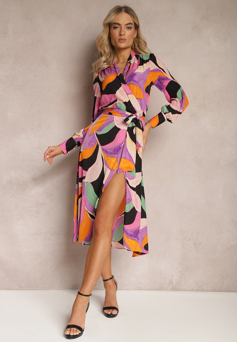 Czarno-Różowa Rozkloszowana Sukienka Midi z Kopertowym Dekoltem z Paskiem i Abstrakcyjnym Wzorem Orabella