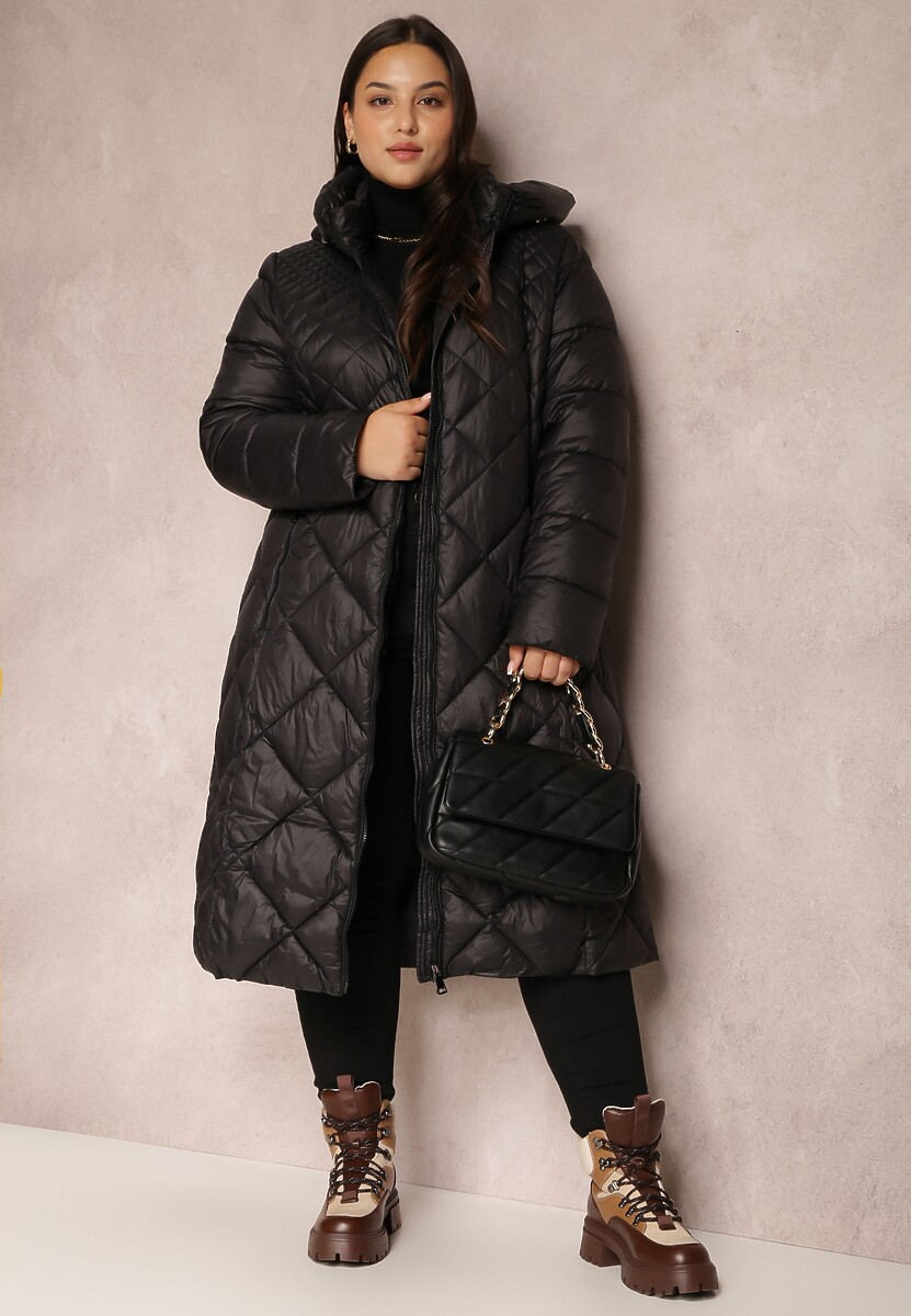 Czarna Kurtka Długa Pikowana z Kapturem Prumla